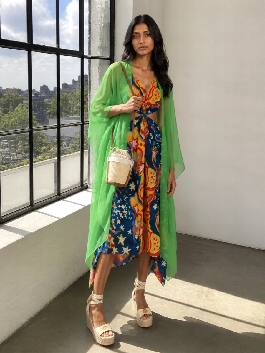 I am styling the Dries Van Noten sheer green poncho over the Marni printed wrap midi rather than a separate top and bottom, because the twin layers of fluid print read like an intentional, artful boho story instead of feeling pieced together. The Versace espadrille wedges add Mediterranean height and ease, while the petite raffia Margiela bucket keeps everything relaxed and resort ready. The result is a high‑summer, gallery-to-terrace ensemble that feels romantic, collected and quietly dramatic in motion.