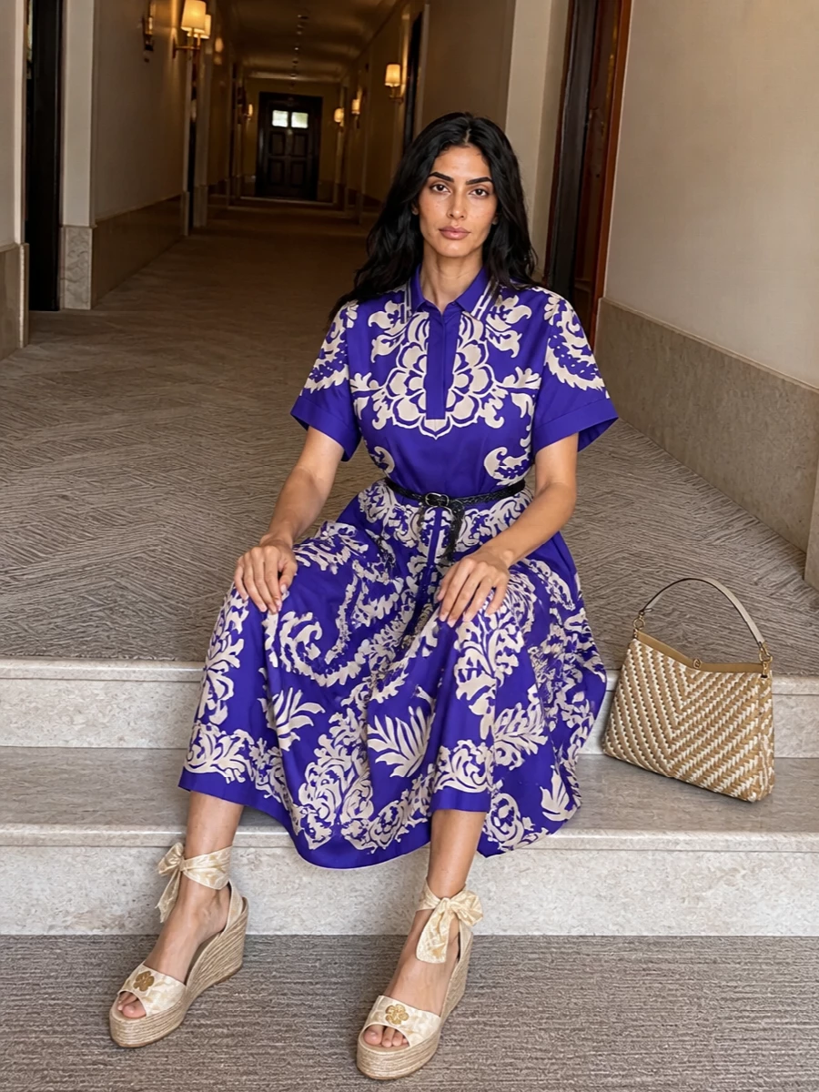 Etro printed midi dress wedges raffia bag