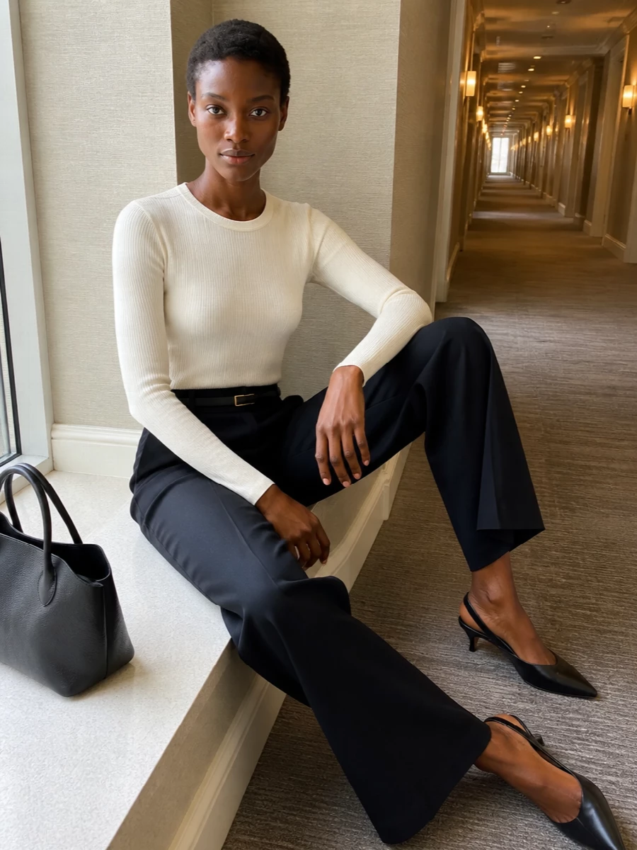 The row navy wide leg trousers ivory knit