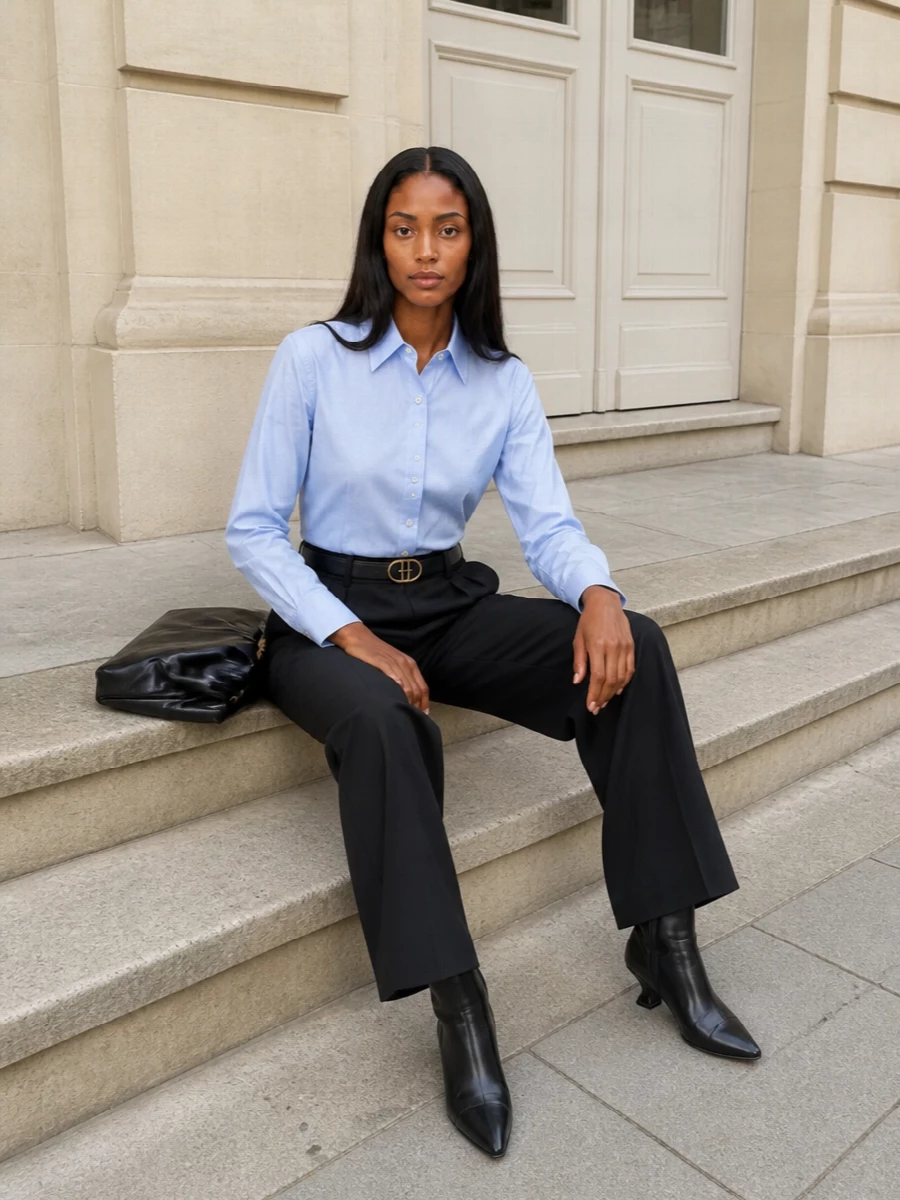 Dries van noten blue shirt black wide leg trousers