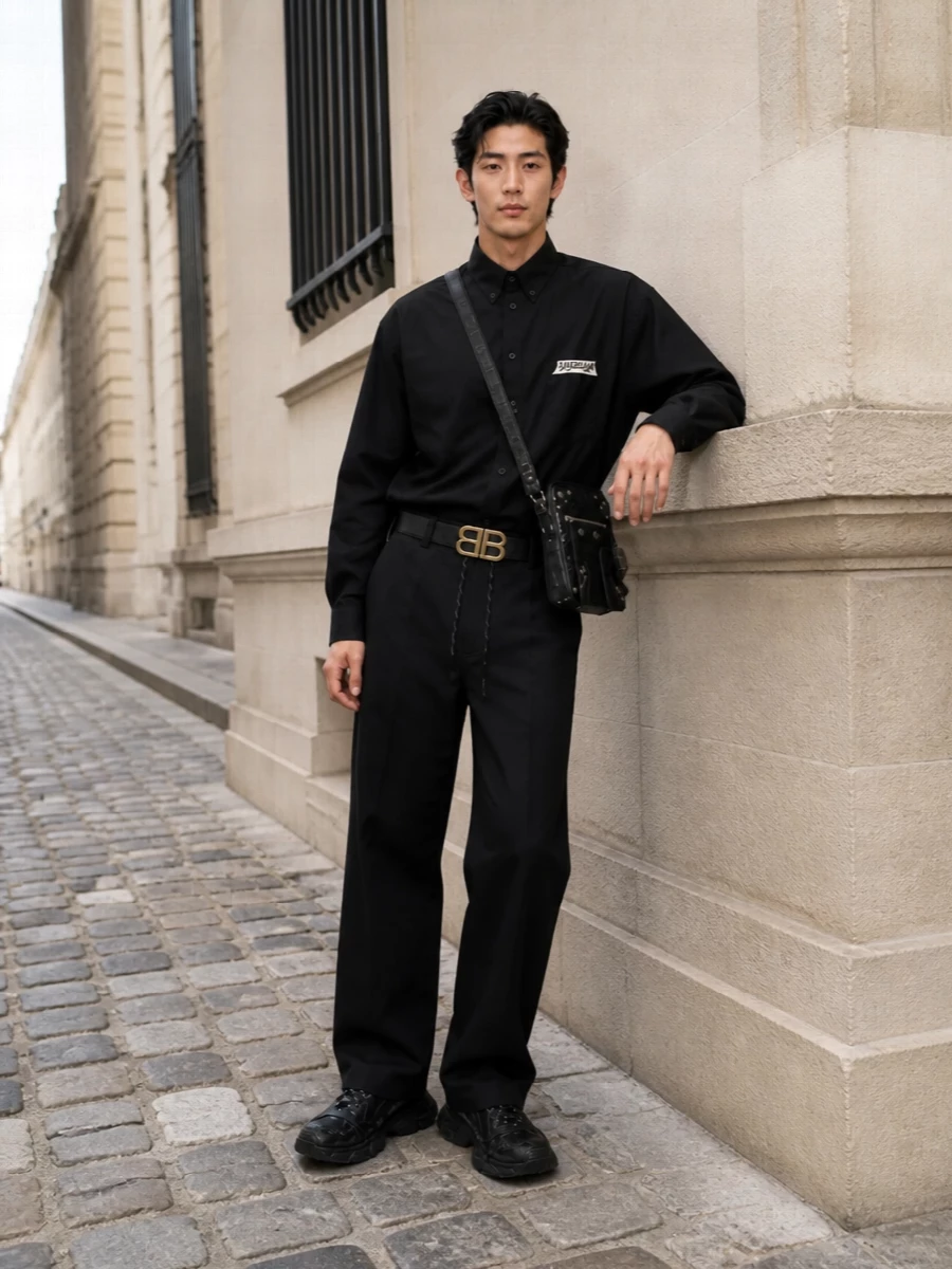 Balenciaga black shirt drawstring trousers outfit