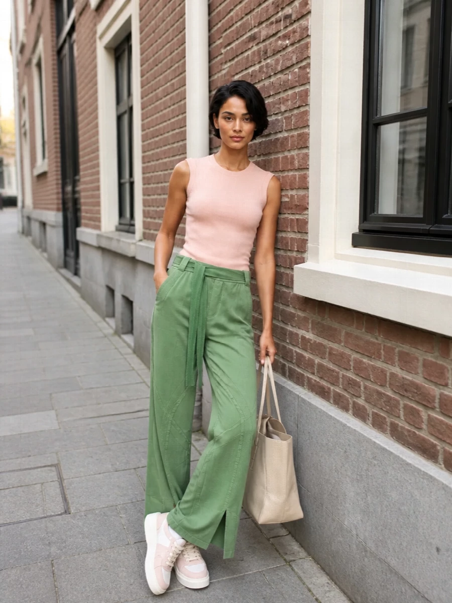 Attico blush tank sage wide leg pants outfit