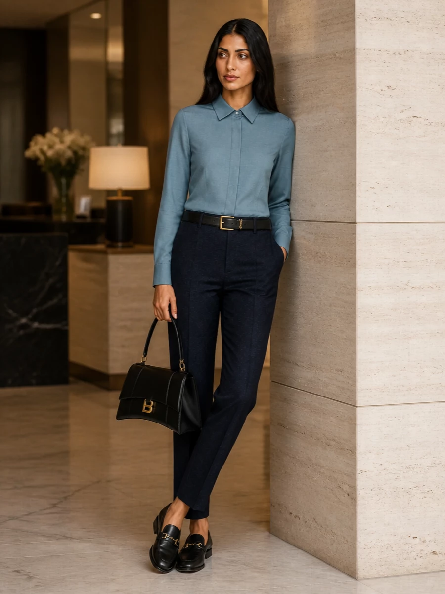 This look builds a modern, quietly luxurious uniform around the navy Gucci trousers, pairing them with the dusty blue tailored shirt for a subtle play of tone-on-tone color and texture. Black leather accessories with refined gold hardware keep the palette tight and elevated, resulting in a polished SS outfit that moves effortlessly from boardroom to business dinner without ever feeling overworked.