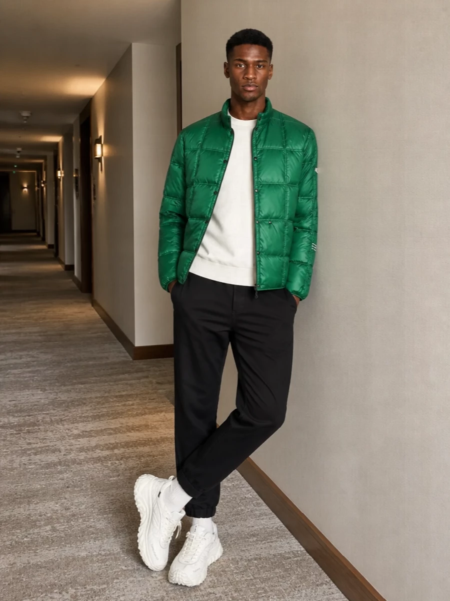 Moncler green jacket black track pants outfit