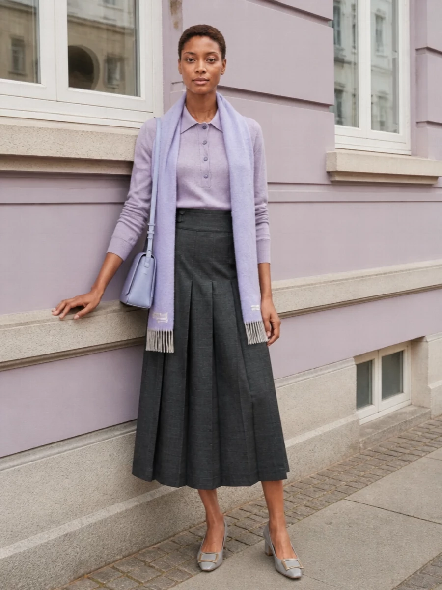 Rohe lilac polo charcoal pleated trousers outfit
