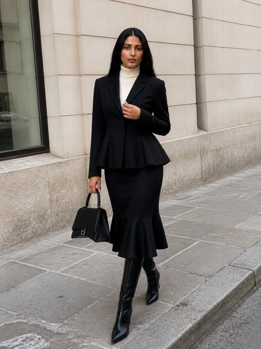 Fendi peplum blazer black midi skirt outfit