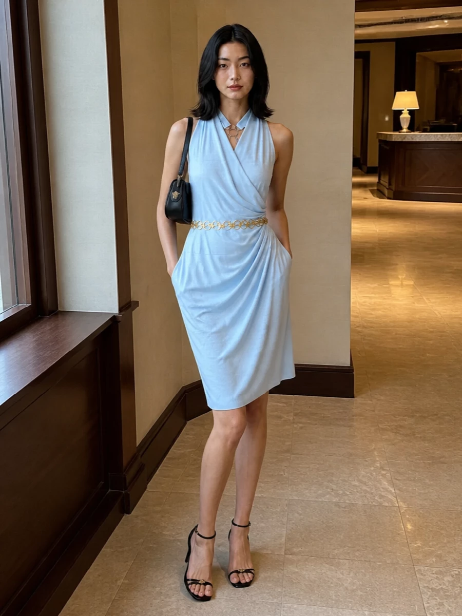 Versace pale blue halter dress black heels
