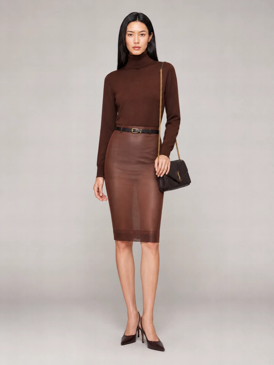 Saint Laurent Silk Sheer Knit Knee Length Pencil Skirt