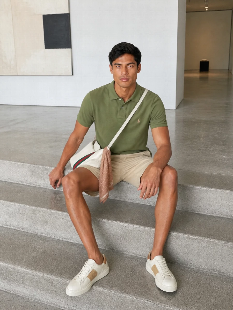 Olive pique and stone chino shorts create an easy, collegiate summer uniform in a muted green and beige palette. Off-white and caramel sneakers keep it sporty but discreet, while a structured cream crossbody and camel silk square introduce just the right amount of luxury detail. The result is relaxed, smart-casual and cohesive from terrace lunches to city afternoons.