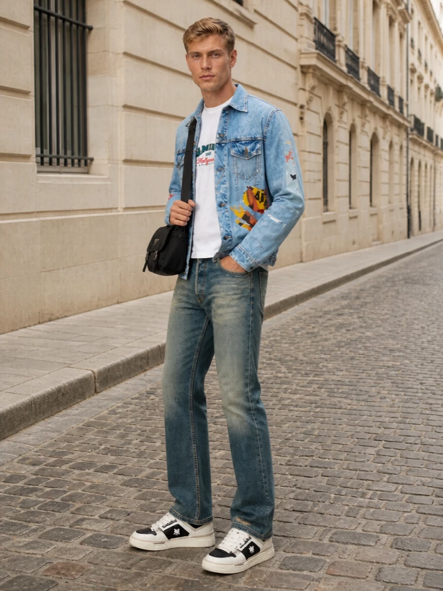 Amiri denim jacket prada messenger outfit
