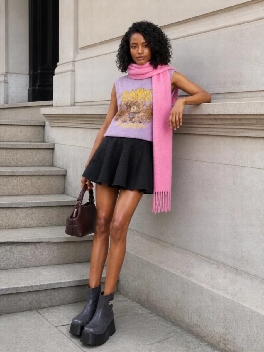 Ganni teddy vest charcoal mini skirt outfit
