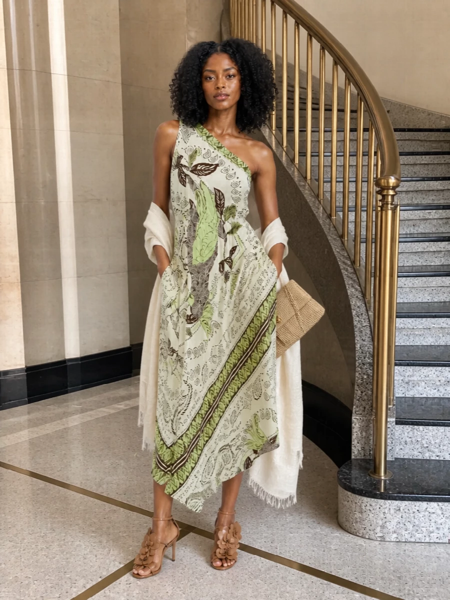 Tory burch paisley one shoulder dress outfit