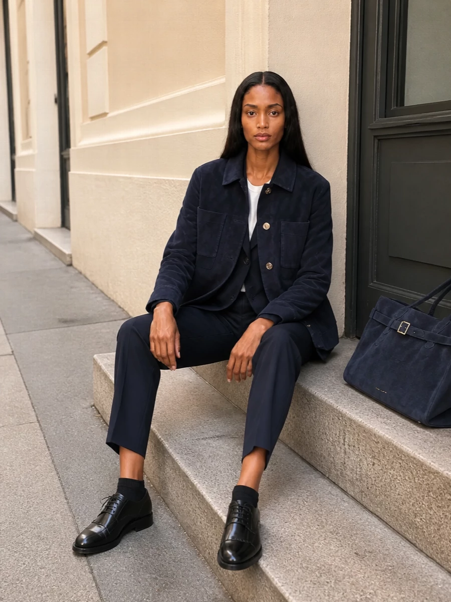 Max mara navy blazer tailored trousers outfit
