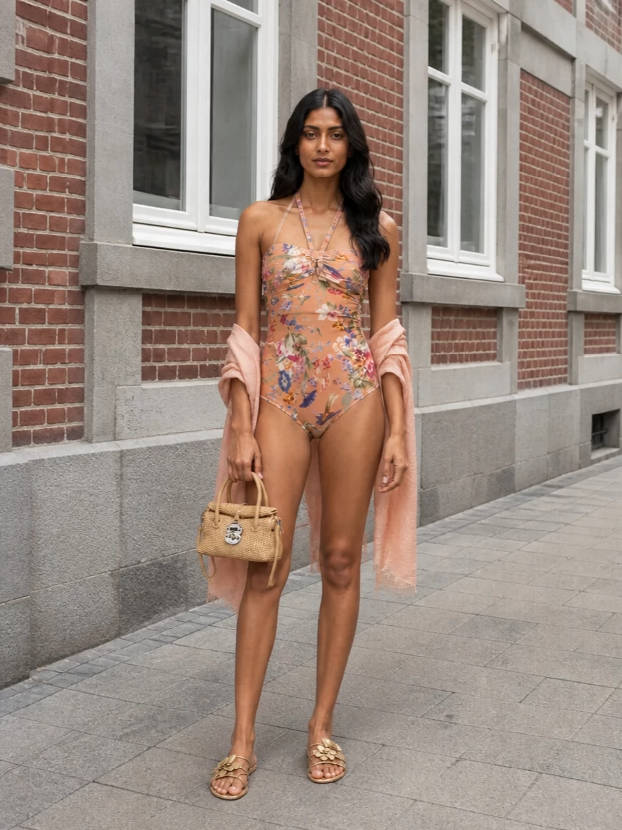Zimmermann floral swimsuit gold flat sandals