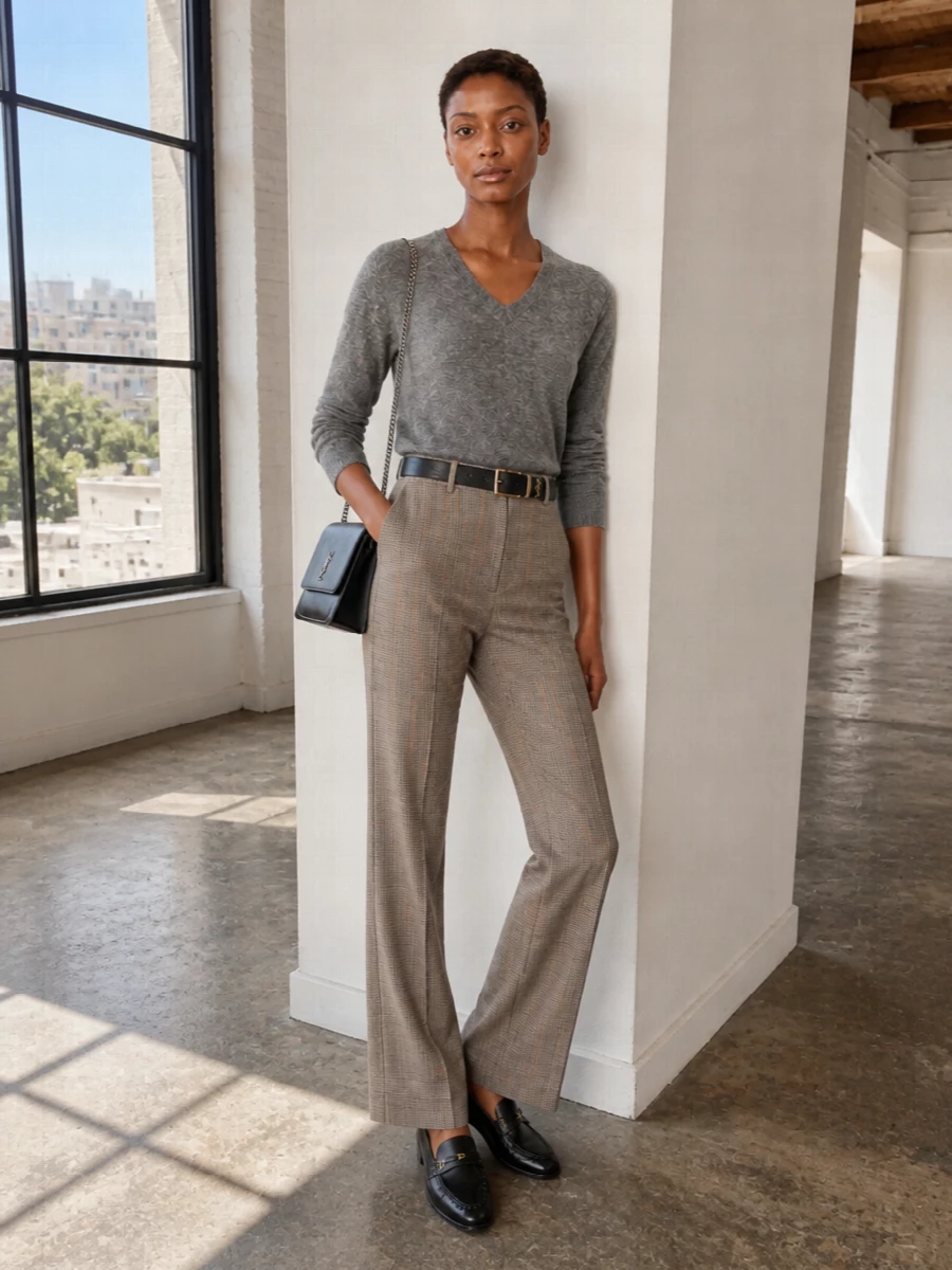 Saint laurent grey sweater checked trousers outfit