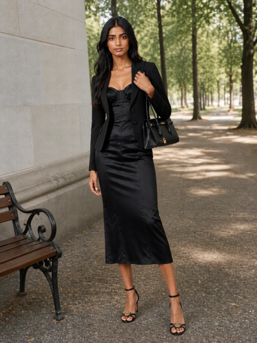 This is a pure Dolce&Gabbana evening moment built on sculpted lines, letting the original nipped-in black blazer slip over a corseted satin midi for graphic, hourglass definition. Jewelled sandals and a long, architectural top-handle bag keep the story black and gold, so the attitude reads sharply Italian, romantic and unequivocally polished for dinners and cocktail hours. I chose the dress route over tailoring because the blazer already provides structure, and pairing it with a body-conscious midi creates a cleaner, more sensual balance than suit-on-suit layering would.