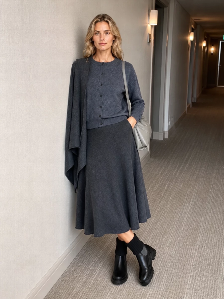 Extreme cashmere cardigan midi skirt outfit