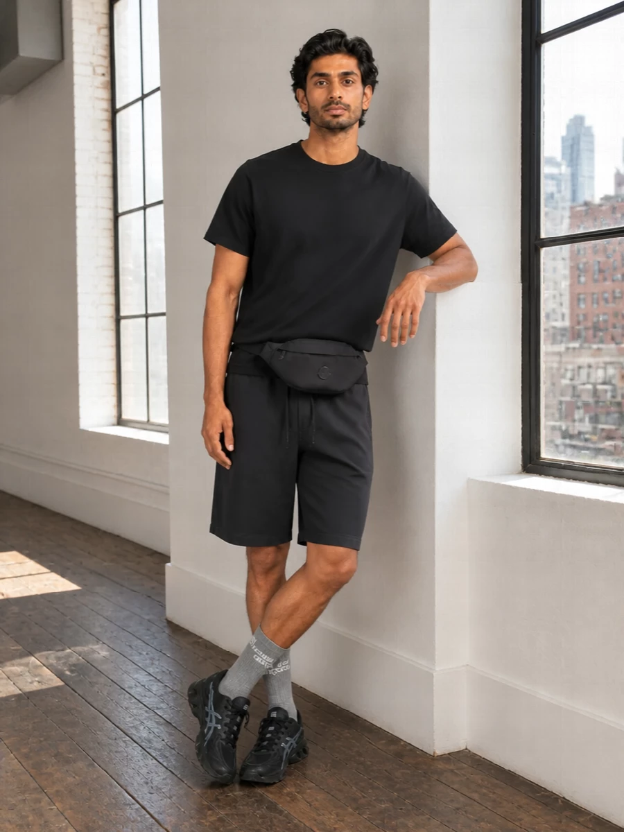 Entire studios charcoal shorts black tee asics