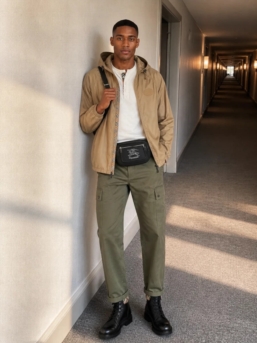 Burberry camel windbreaker cargo pants outfit
