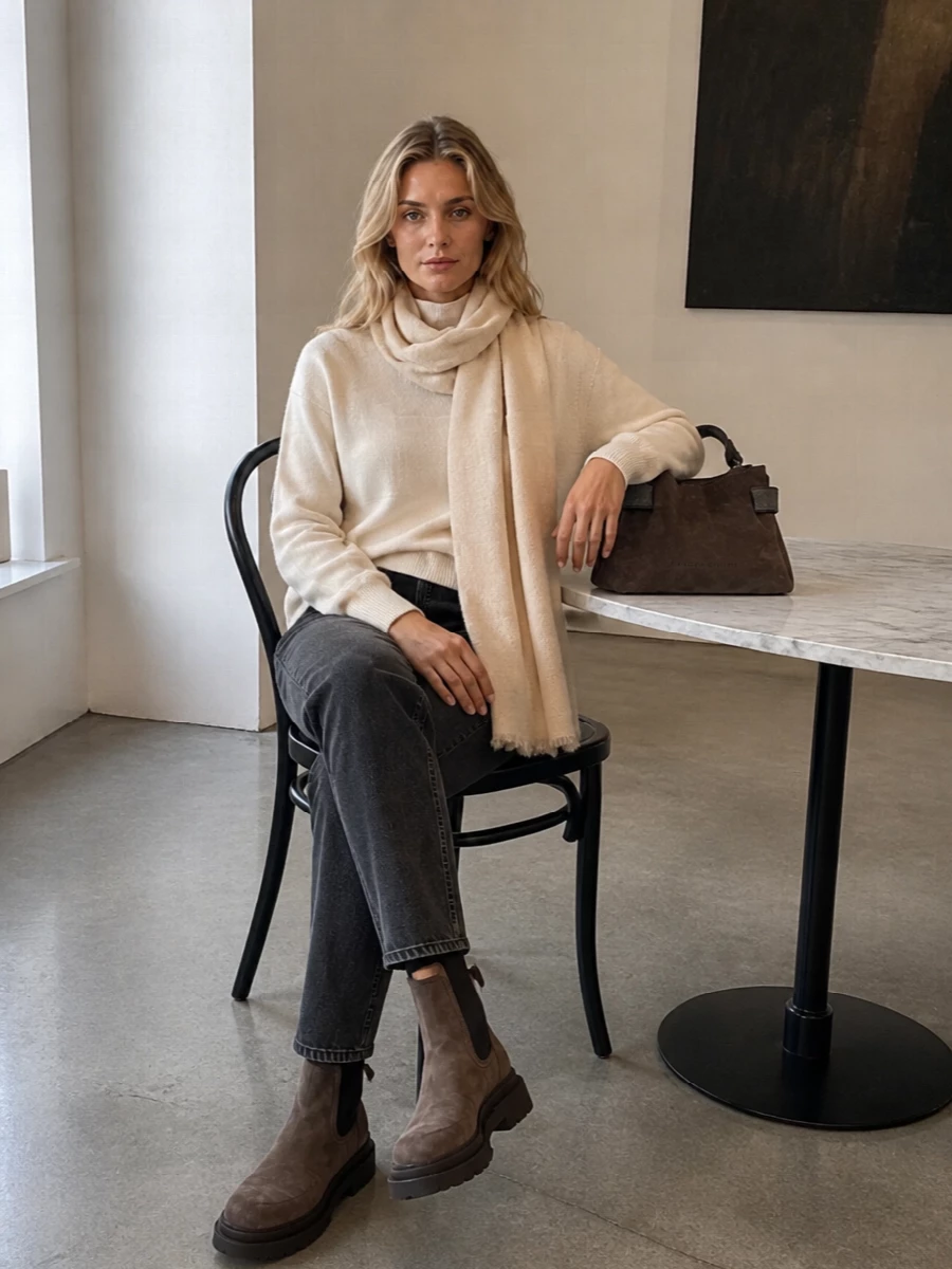 Brunello cucinelli charcoal jeans cream knit outfit