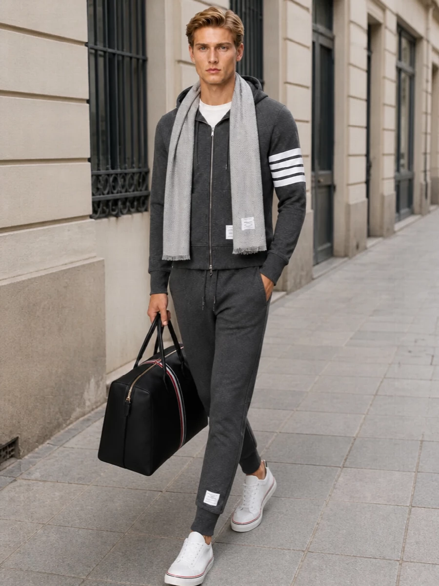 Thom browne charcoal joggers hoodie travel outfit