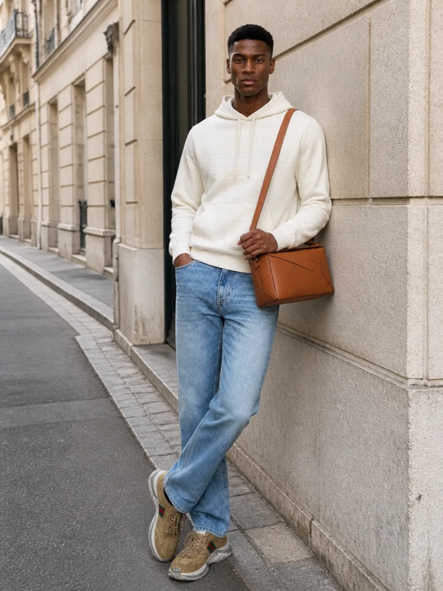 Gucci hoodie denim loewe bag outfit