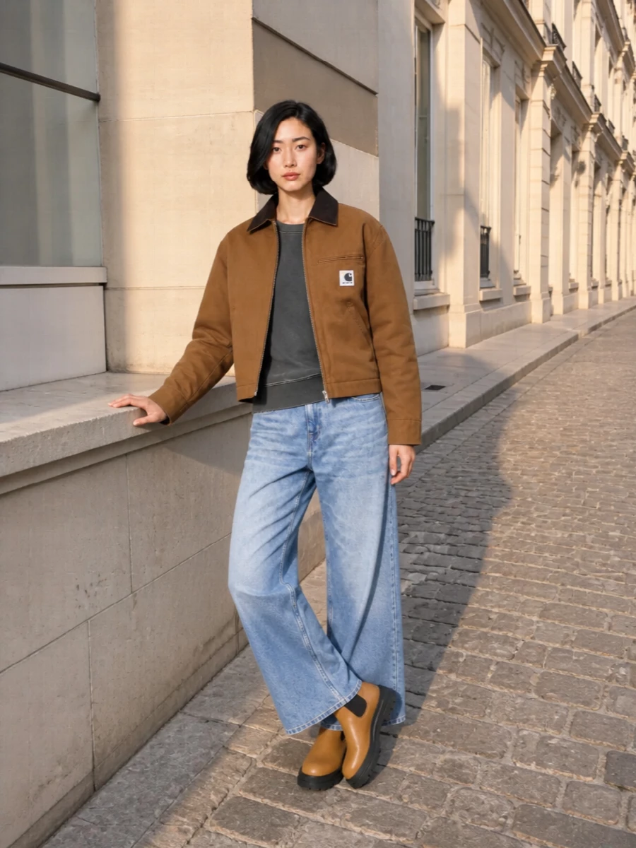 Carhartt canvas jacket wide leg jeans outfit