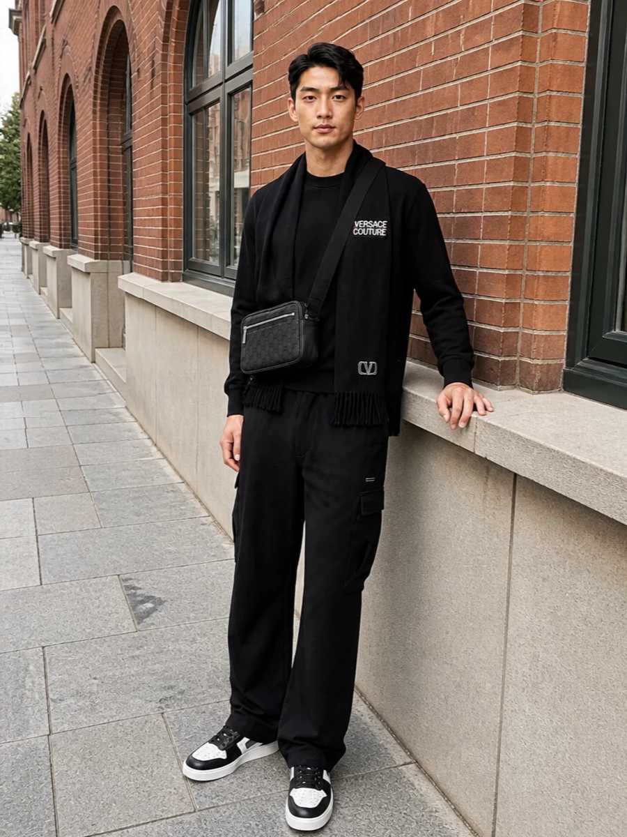 Versace jeans couture black sweater cargo outfit