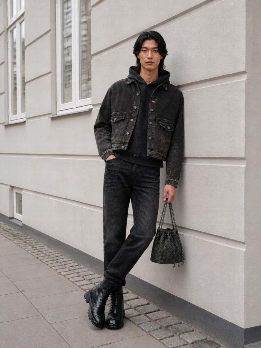 Diesel black denim jacket charcoal jeans combat boots