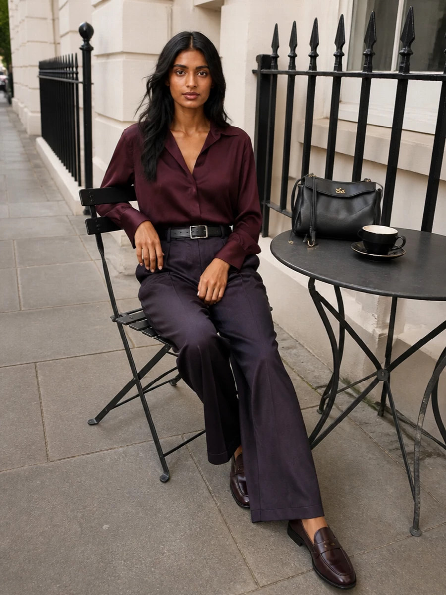 A deep burgundy satin shirt slips into the inky aubergine trouser, creating a long, tonal line that feels assured and quietly intense. Burnished loafers and a sculpted black top-handle keep the mood tailored rather than fragile, while a slim belt crisps the high waist so the wide leg reads deliberate and architectural. This is evening dressing that leans into depth and texture instead of sparkle, perfect for a serious dinner or late gallery opening.