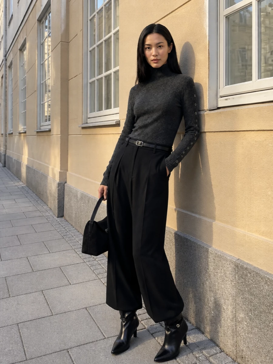A charcoal turtleneck and black wide-leg trouser create a softly structured column in deep neutrals, all about clean tailoring and quiet detail. Stiletto ankle boots and a sculpted black top-handle bring just enough sharpness, while a slim belt defines the waist without interrupting the fluid line. It is a confident, city-ready uniform that moves easily from meetings to late dinners in the same pared-back palette.