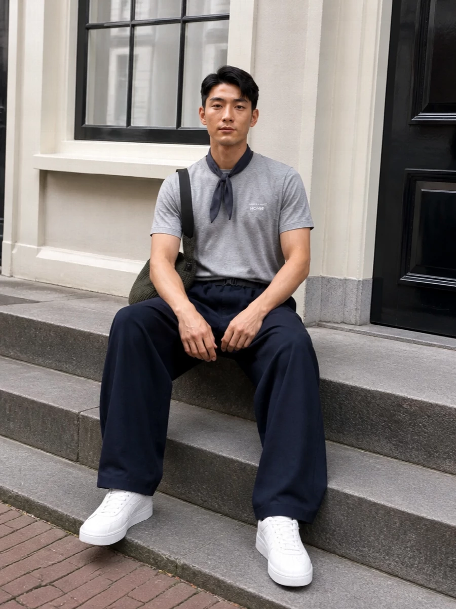 Comme des garcons homme tee navy wide trouser outfit
