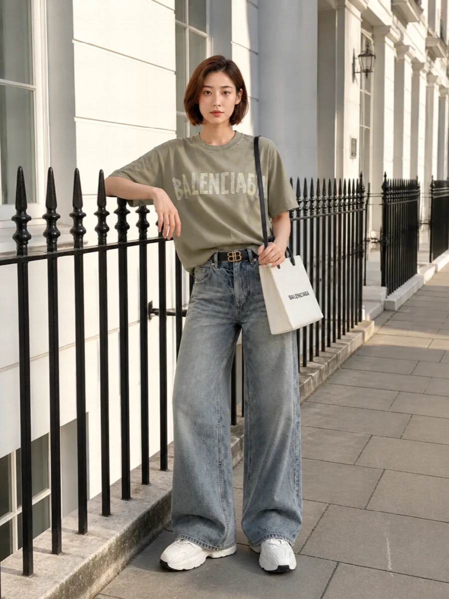 Khaki logo jersey meets washed grey wide-leg denim for a slouched, easy city uniform that still reads sharply branded. Chunky neutral runners and a compact off white cross-body keep the palette tight and grounded. A slim black logo belt gives just enough structure at the waist without disrupting the relaxed street attitude.