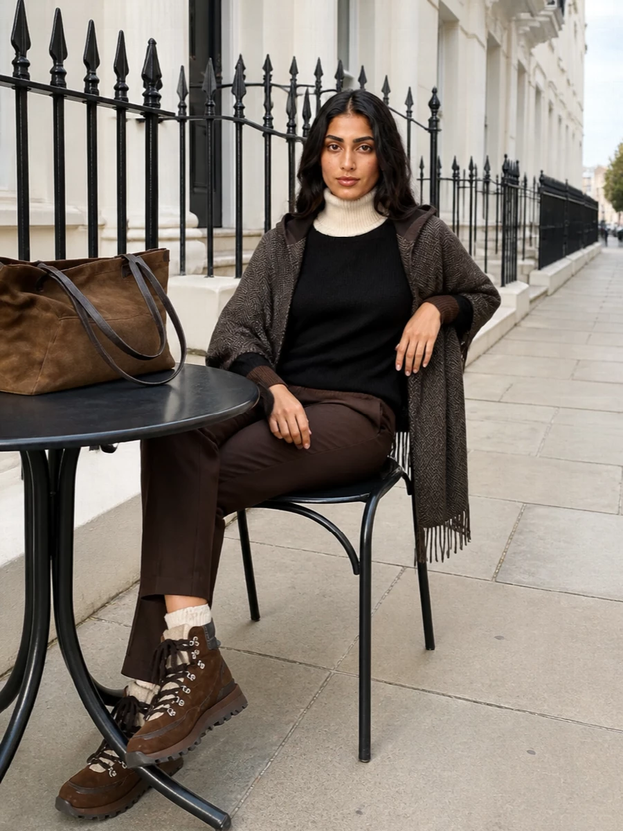 Kiton high neck sweater chocolate trousers outfit