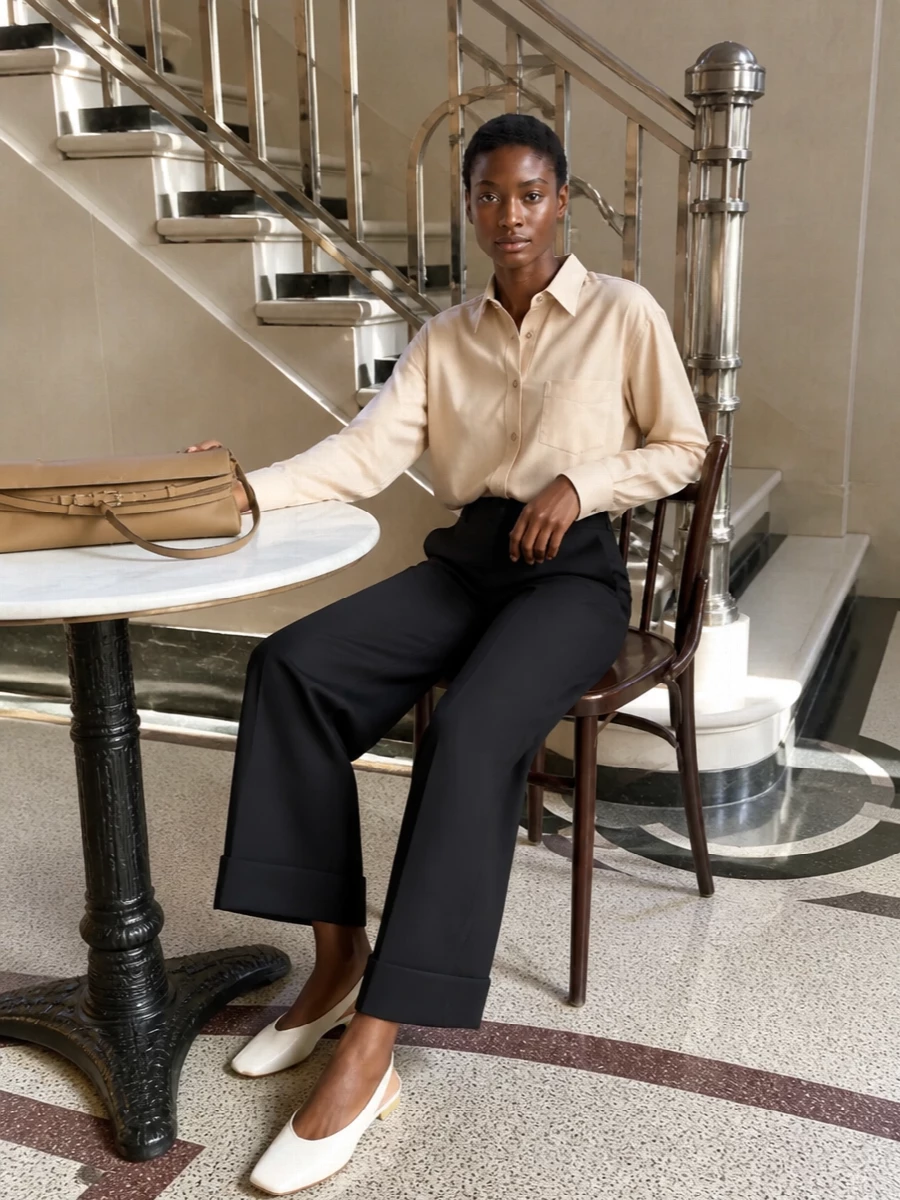 Moschino beige shirt black wide leg trousers