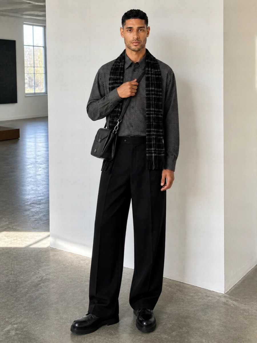 Balenciaga check shirt wide leg trousers outfit