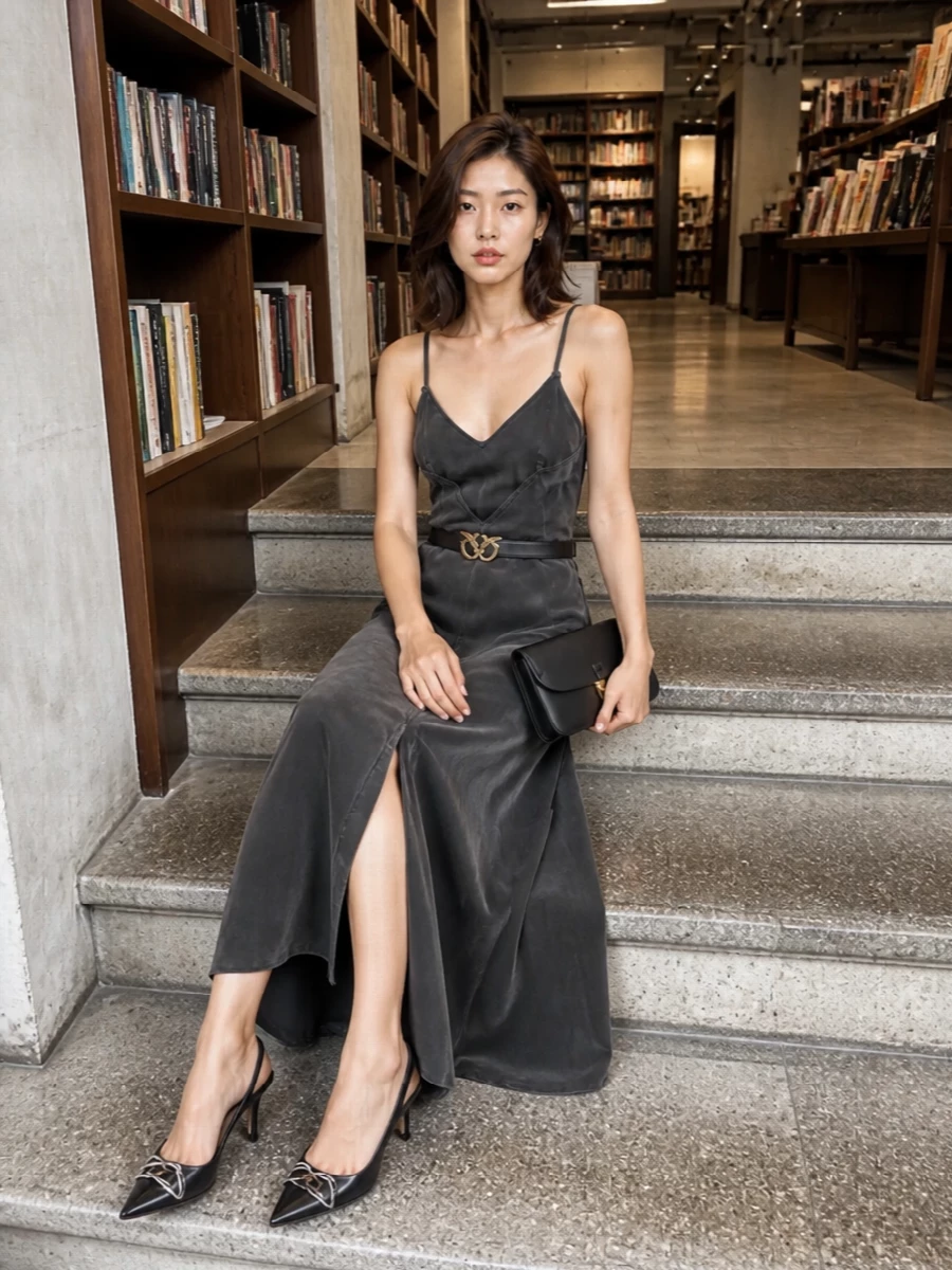 Pinko charcoal slip dress black slingback heels