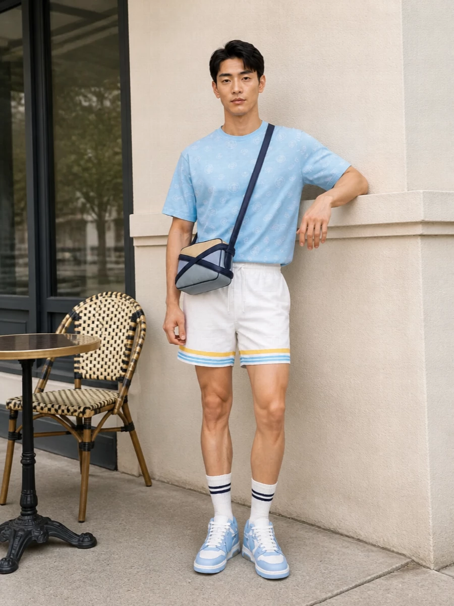 Casablanca blue monogram tee striped white shorts