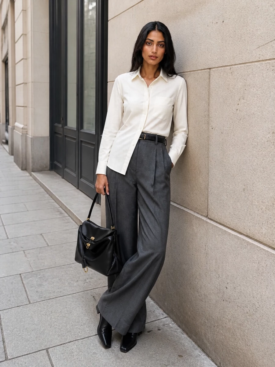 Charcoal Jacquemus wide-leg trousers are sharpened with an asymmetric ivory shirt, creating a clean, tonal contrast that still feels quietly architectural. Alaïa’s sculptural black pumps and a structured Balenciaga top-handle bag ground the look in polished minimalism, while a slim Bottega belt crisps up the waist for a precise, boardroom-to-dinner finish.