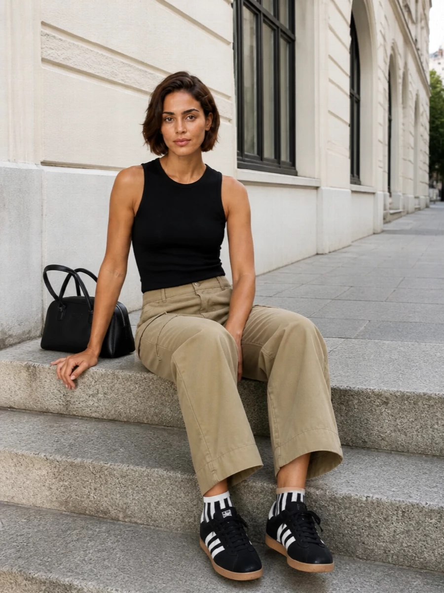 A slim black tank tops off soft khaki cargos for a clean, athletic take on city casual. Black retro sneakers keep everything grounded and agile, while a structured shoulder bag adds just enough polish. The mix of fitted jersey and relaxed cotton gives an easy, modern proportion that reads sporty without feeling like gym kit.