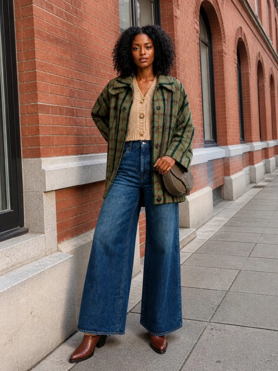 Chloe cocoon jacket wide leg jeans boots