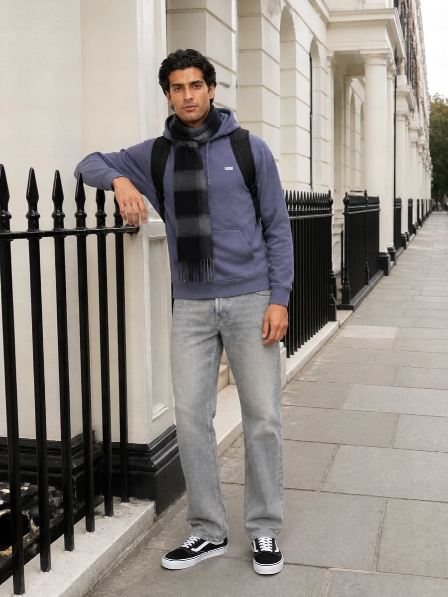 Vans blue hoodie haikure grey jeans vans sneakers