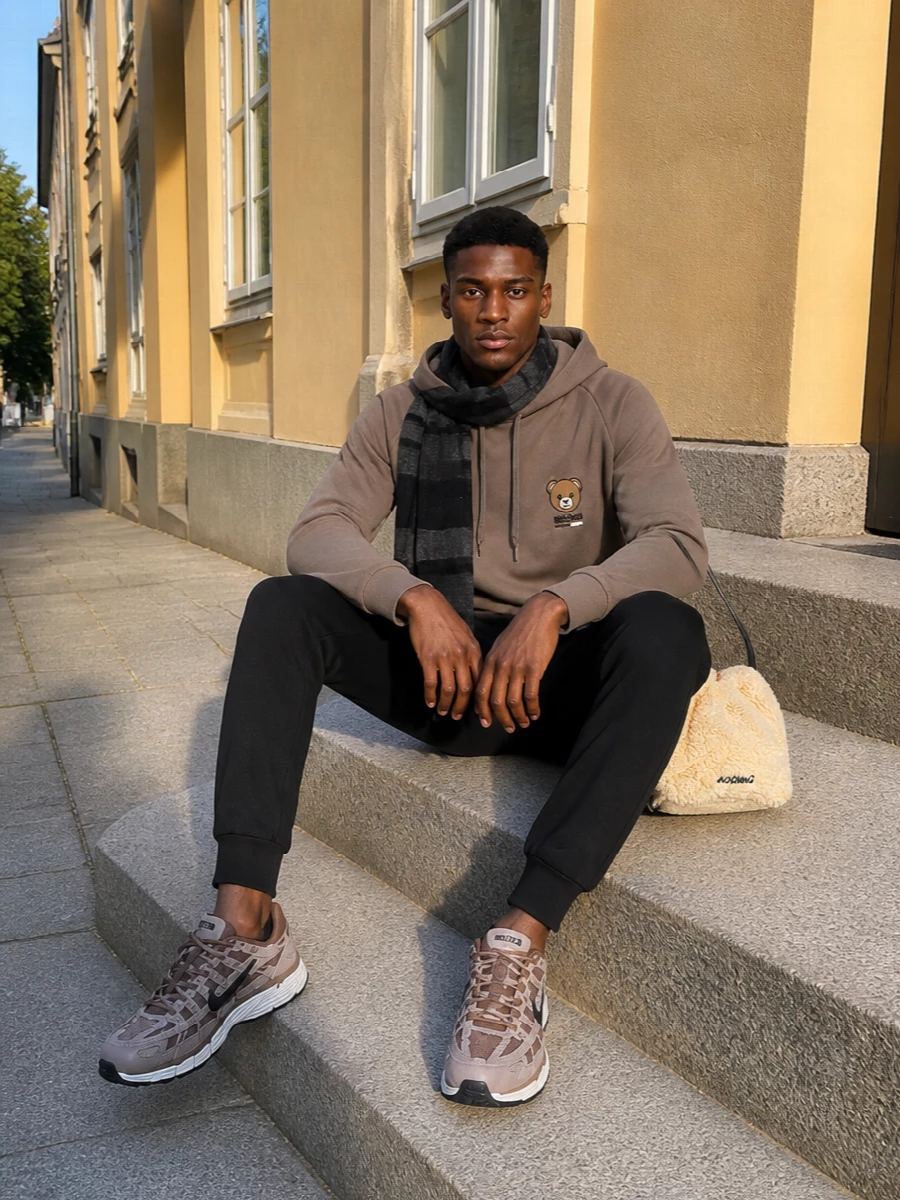 Moschino bear hoodie joggers nike taupe sneakers