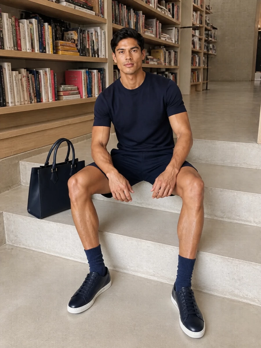 Dolce gabbana navy knit shorts sneakers outfit