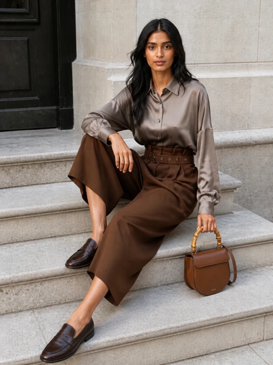 Dries van noten chestnut midi skirt outfit loafers