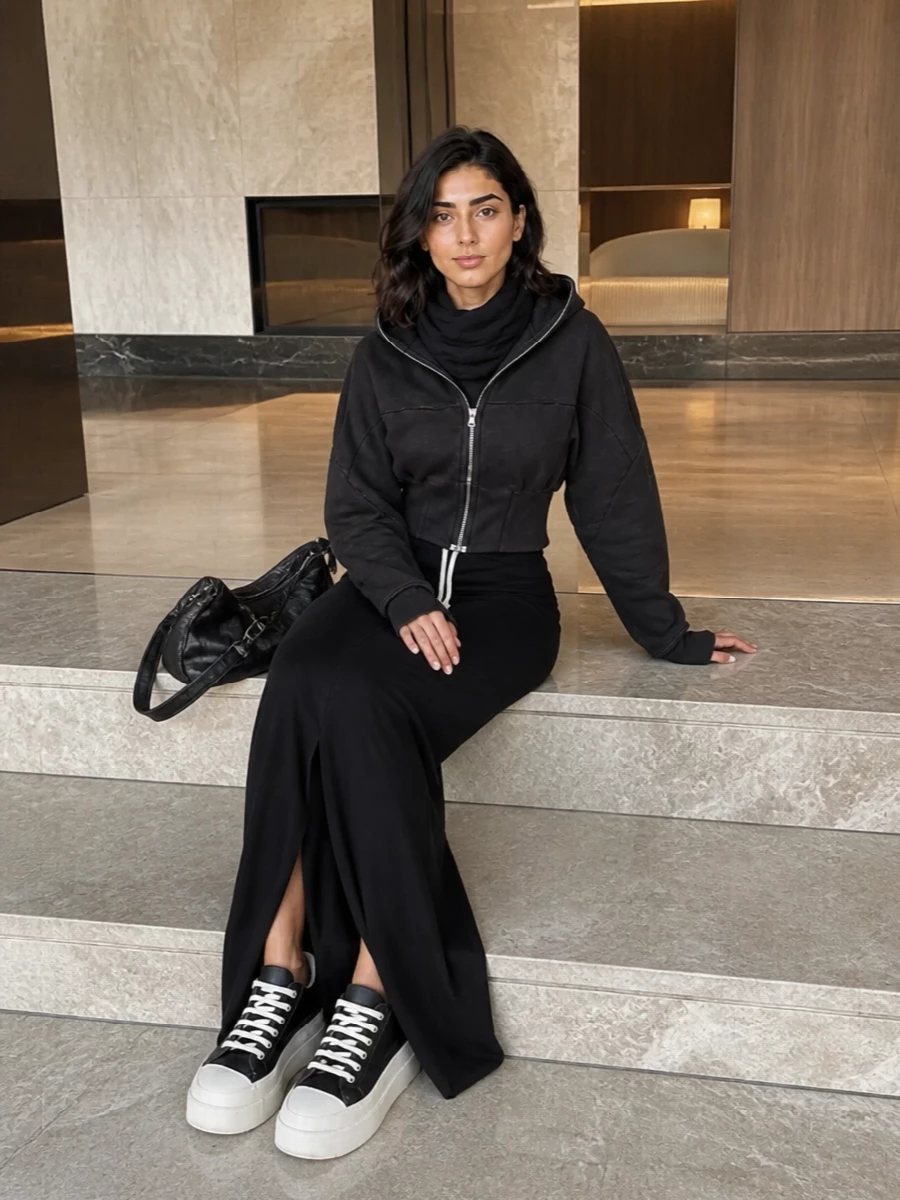 Rick owens black maxi skirt platform sneakers outfit