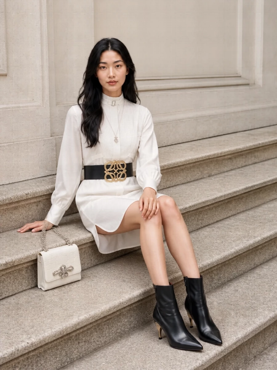 Alexander mcqueen ivory shirt dress black boots