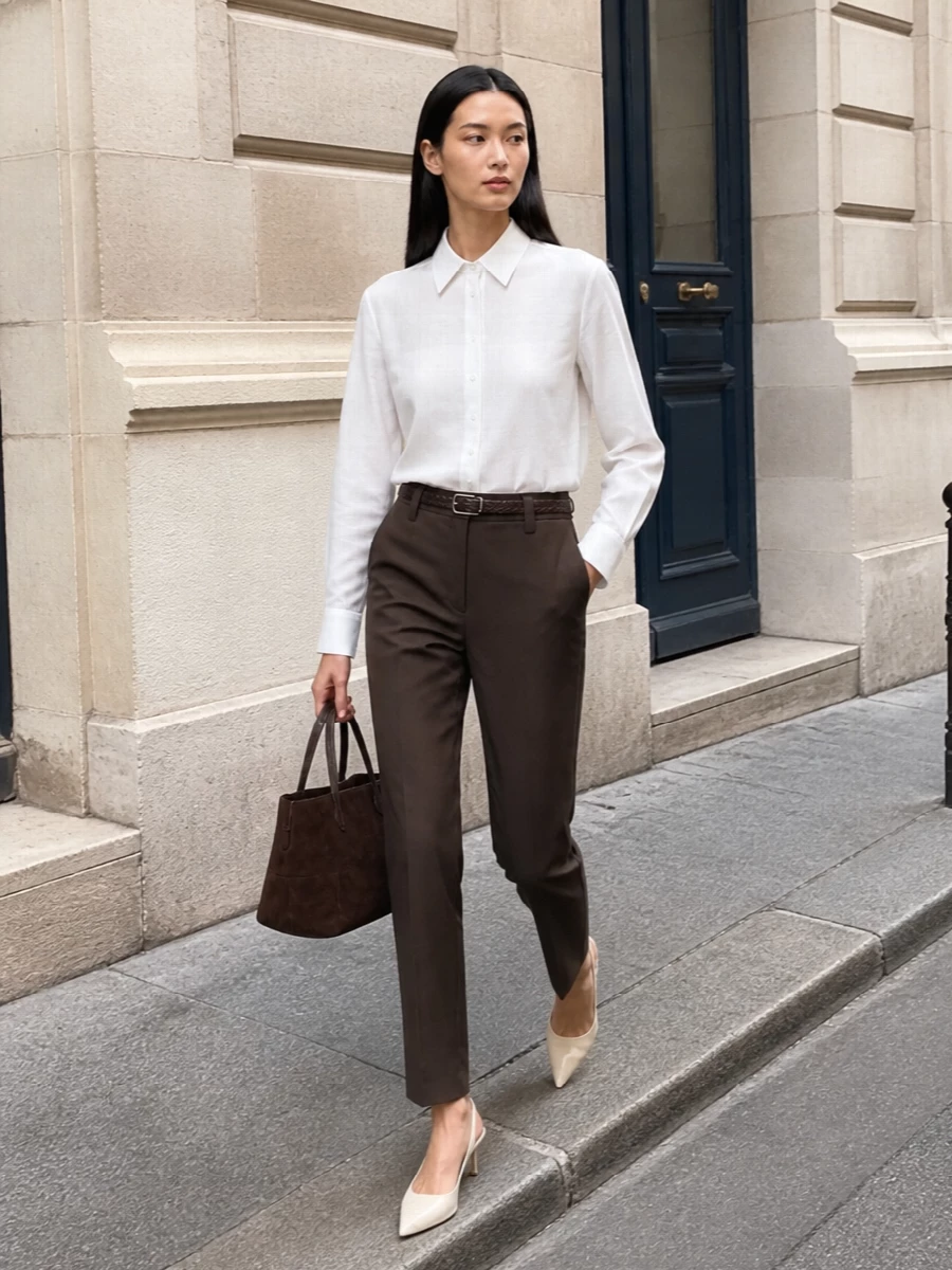 Espresso tailored trousers are paired with a hushed, immaculate white shirt for a modern, minimal take on office dressing. Cream slingback heels sharpen the line and add lightness, while a small chocolate suede tote and slim braided belt echo the rich brown tones for a cohesive, quietly luxurious finish. The result is a refined, SS-ready uniform that moves effortlessly from meeting room to dinner.