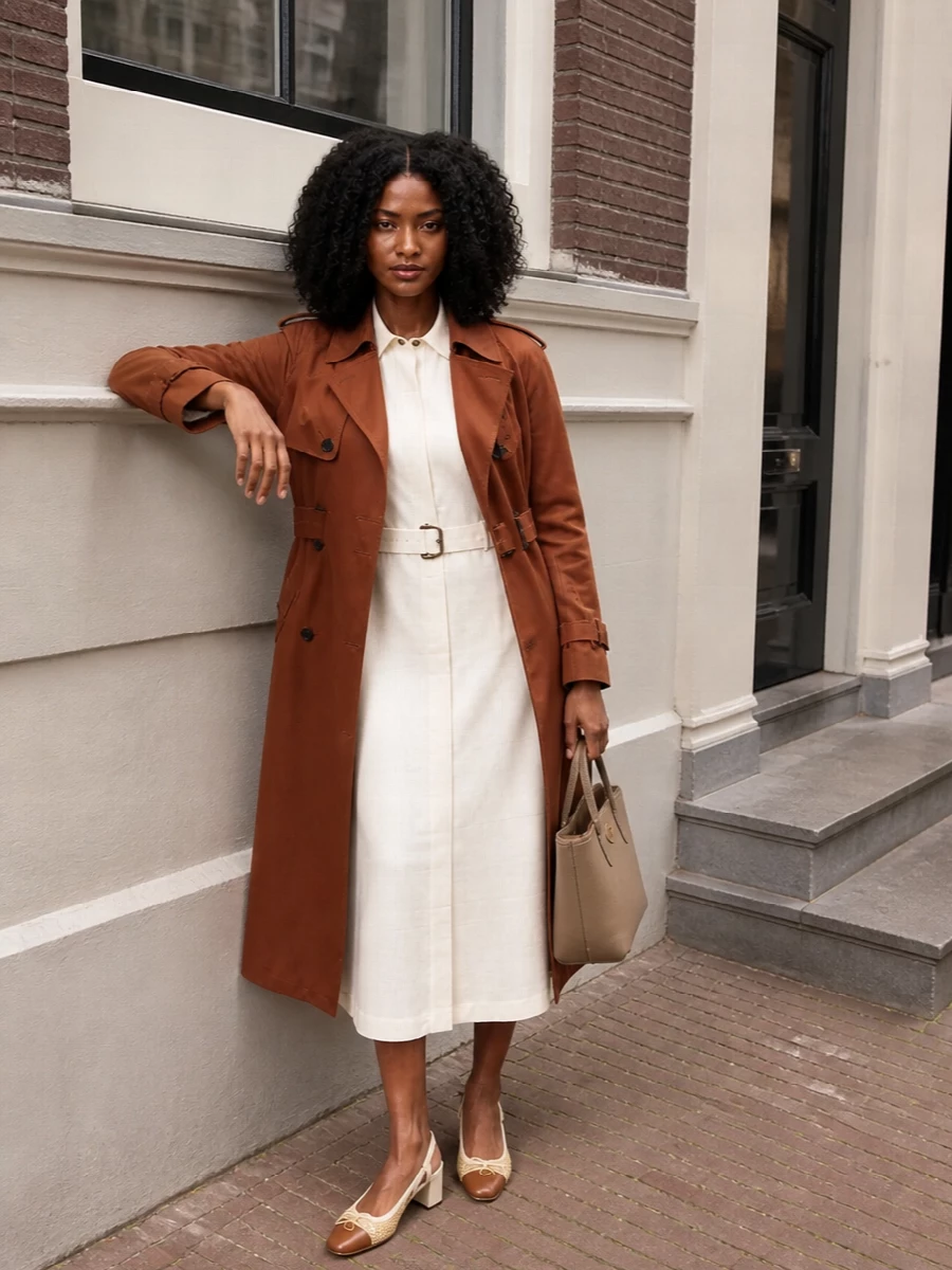 I chose the dress route, using the Burberry shirt dress as a tailored, feminine anchor that echoes the trench’s military details without competing with its strong line. Together with the Saint Laurent trench, the raffia slingback and structured top‑handle bag create a polished, slightly preppy city outfit in warm neutrals and soft textures. It reads as quiet power dressing for daytime engagements that can stretch into early evening without a change of clothes.