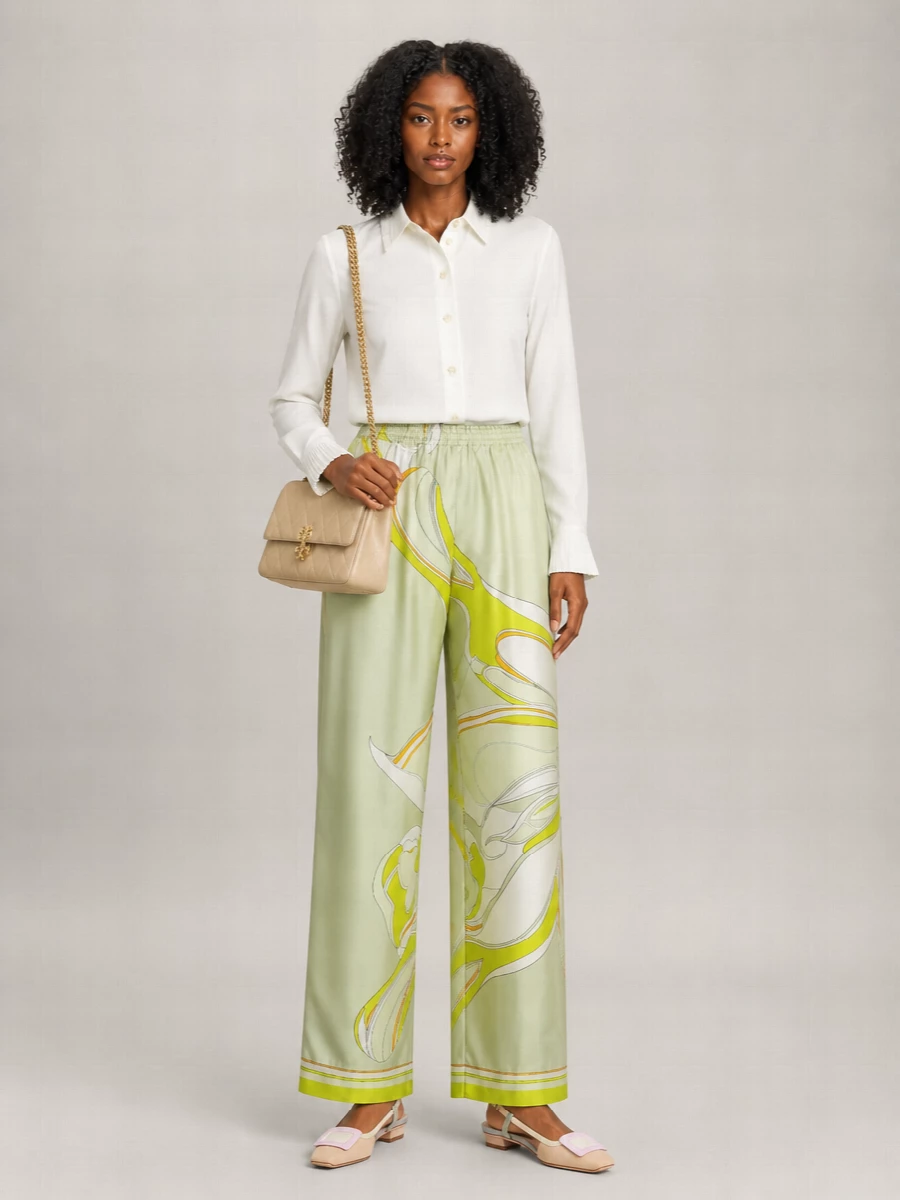 Tory Burch Silk Printed Wide-Leg Trousers